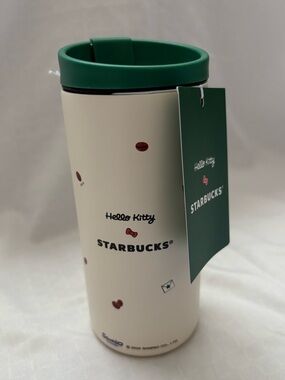 Starbucks Cream Tumbler with Green Lid and Red Accents